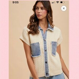 💖Anniewear: Denim Accents Cable Knit Sweater Jacket💖